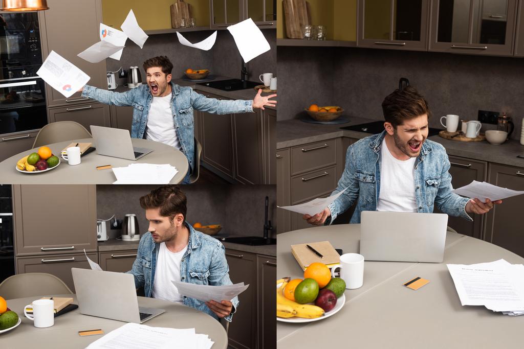 Collage di freelance arrabbiato che lancia carte vicino a computer portatile su tavolo di cucina
  - Foto, immagini