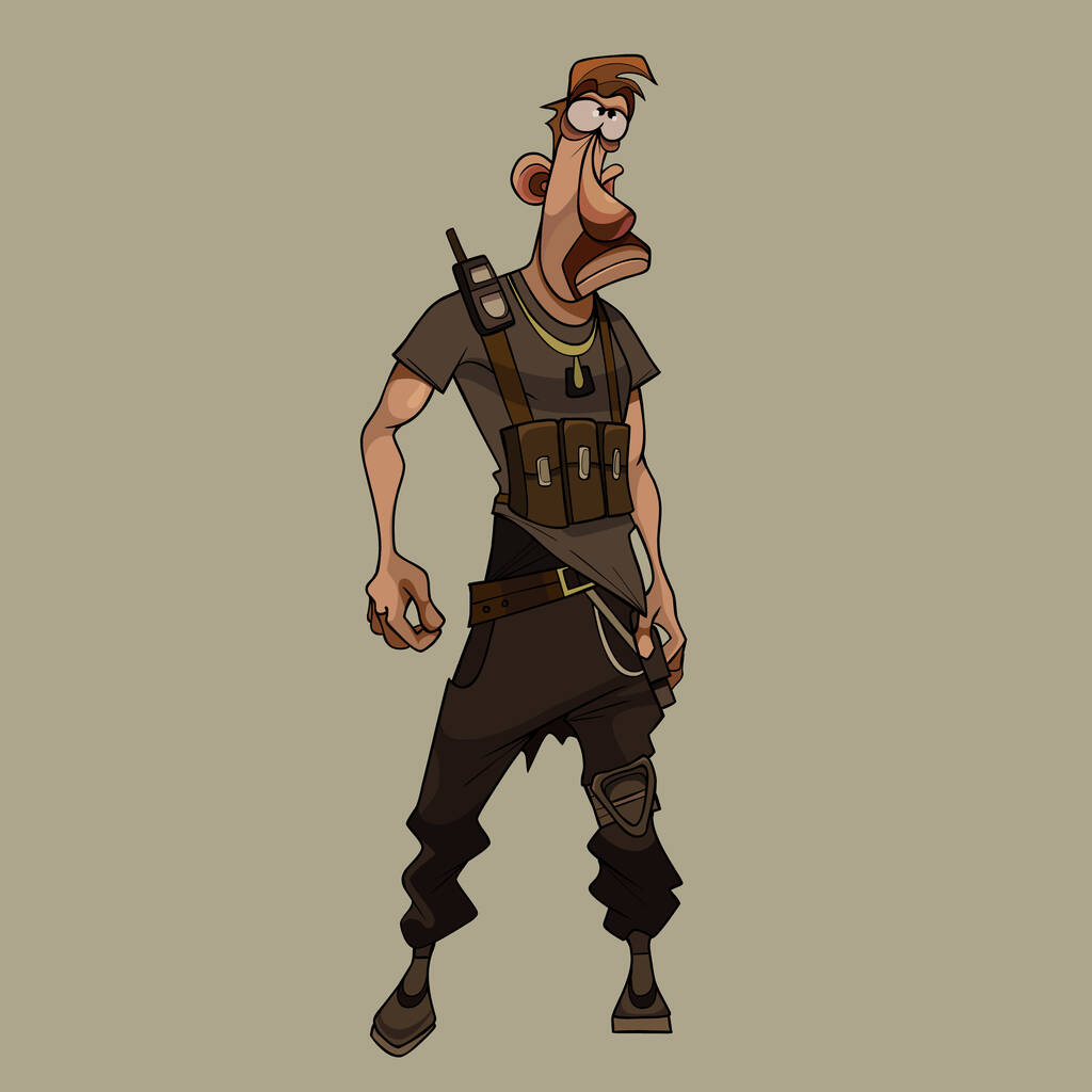 raadselachtige cartoon man in kleding van post apocalyps in uniform met walkie talkie - Vector, afbeelding