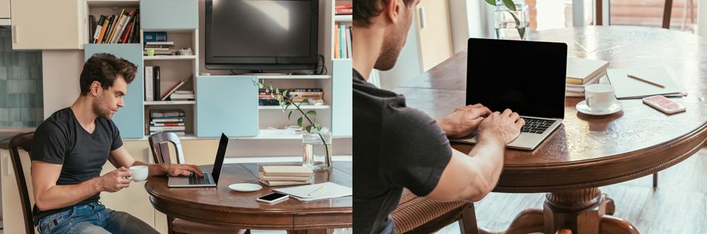 collage de hombre joven sosteniendo la taza de café mientras usa el ordenador portátil en casa, imagen horizontal
 - Foto, Imagen