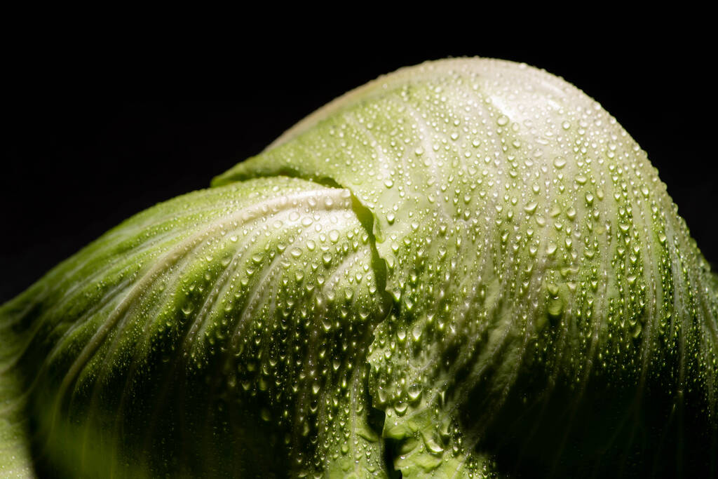 закрытый вид на влажные листья свежей капусты, изолированные на черном
 - Фото, изображение