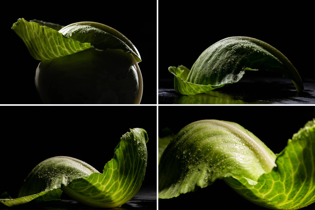 collage of wet green cabbage leaves isolated on black - Photo, Image
