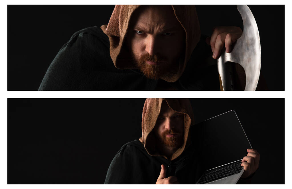 koláž zamračeného středověkého skotského zrzavého muže s válečnou sekerou a laptopem v tmavé izolaci na černé - Fotografie, Obrázek