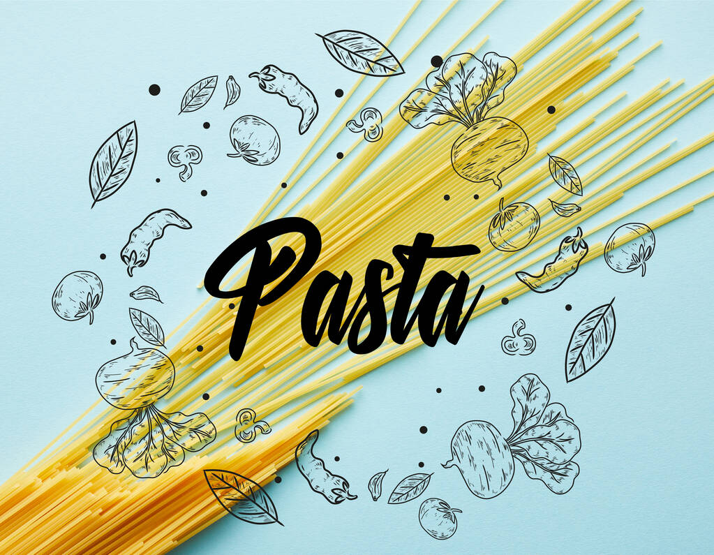 top view nyers spagetti kék háttér tészta illusztráció - Fotó, kép