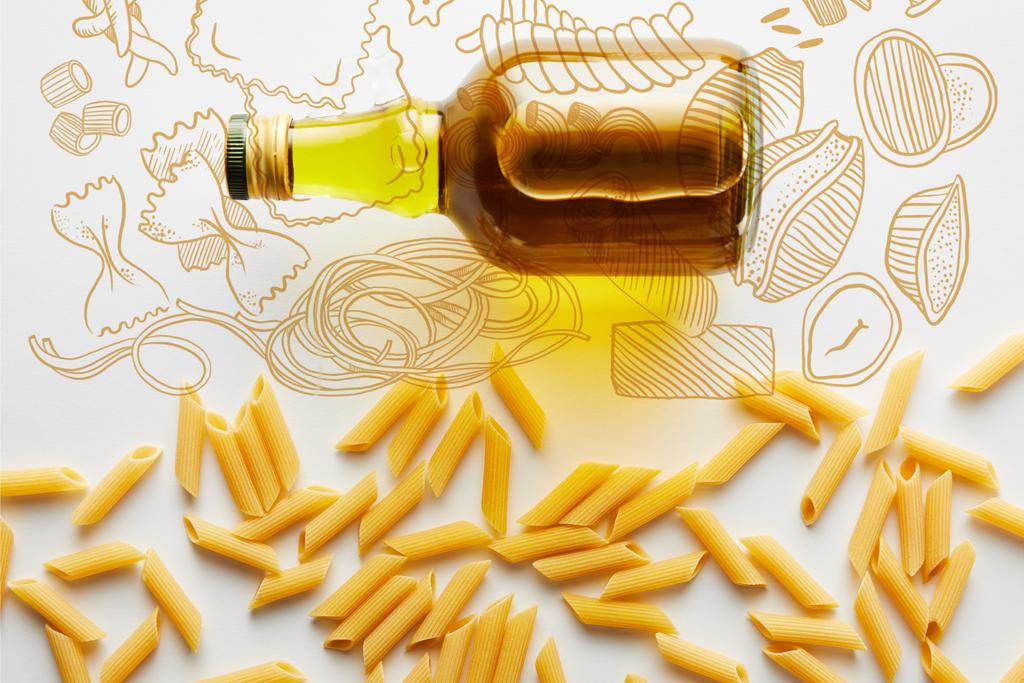 Bovenaanzicht van fles olijfolie in de buurt van pasta op witte achtergrond, voedsel illustratie - Foto, afbeelding