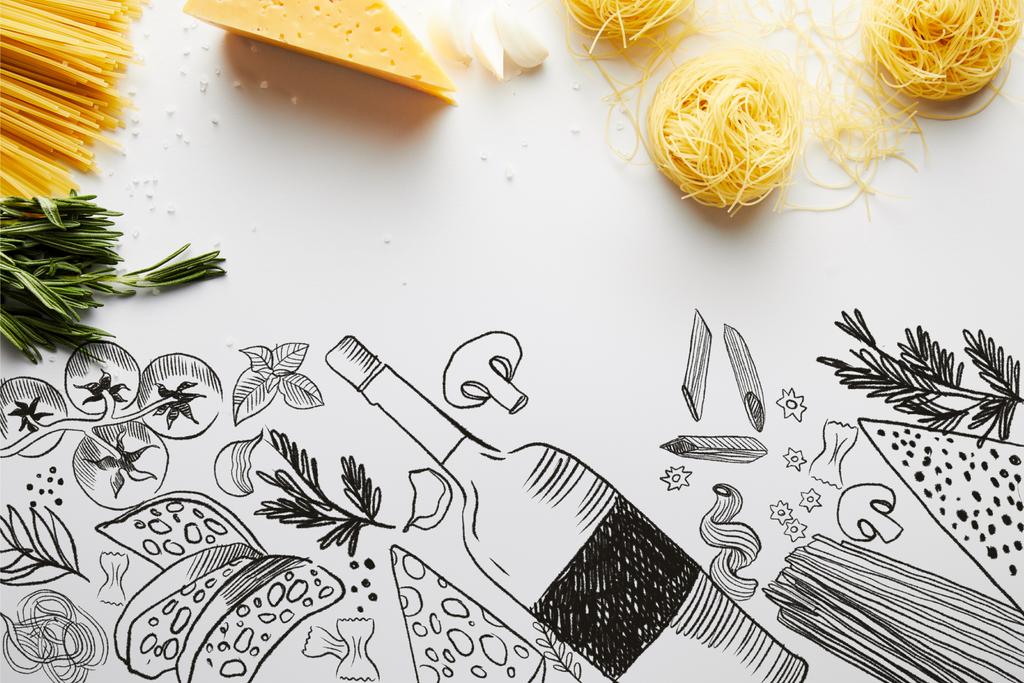 Вид зверху на розмарин, часник, сир та макарони на білому тлі, харчова ілюстрація
 - Фото, зображення