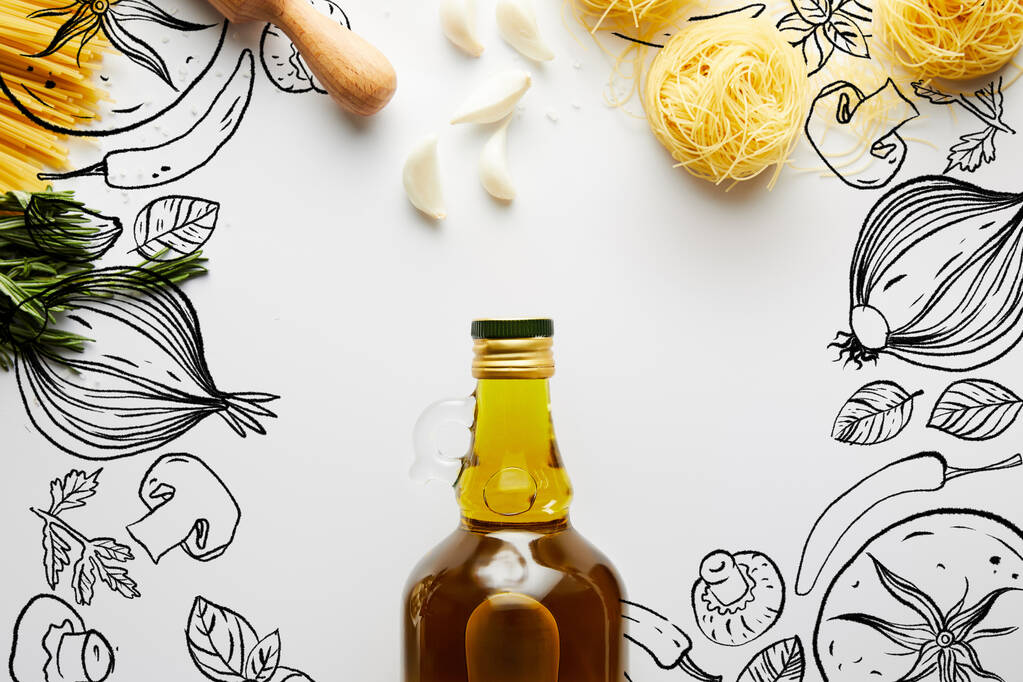 Top view of bottle of olive oil, rolling pin, pasta, garlic and rosemary on white background, vegetables illustration - Photo, Image
