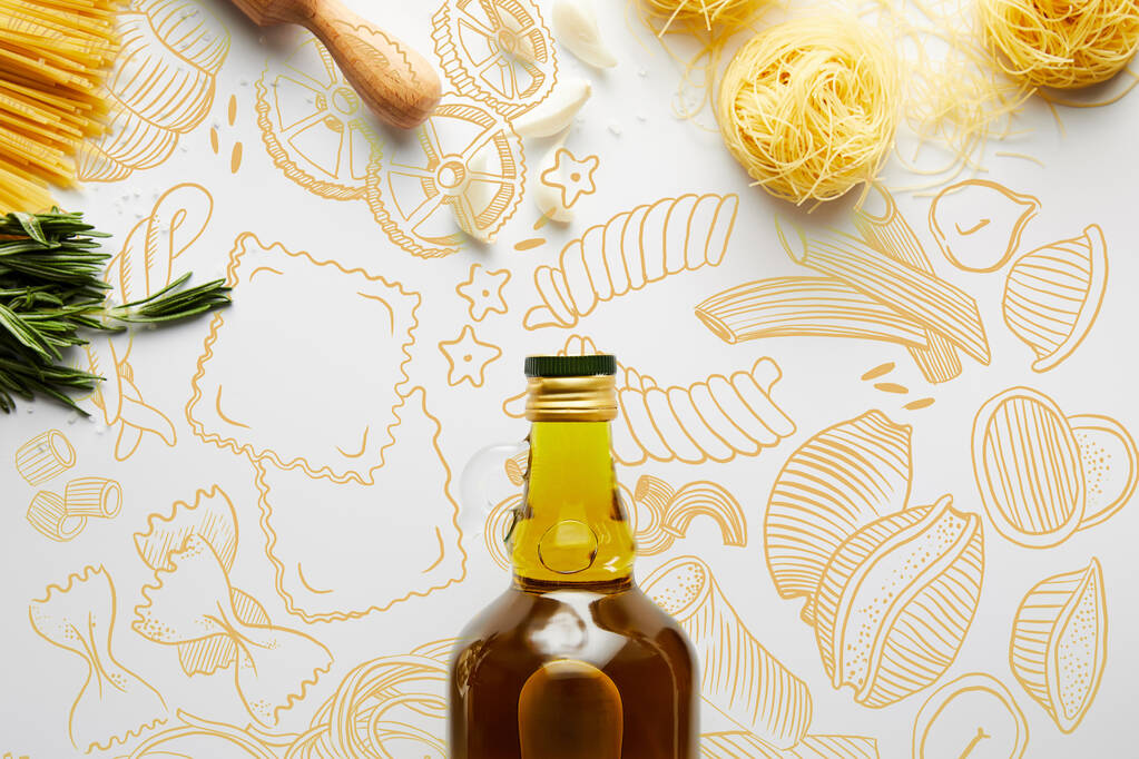 Κάτοψη του μπουκαλιού με ελαιόλαδο, πλάστη, ζυμαρικά, σκόρδο και δεντρολίβανο σε λευκό φόντο, εικονογράφηση τροφίμων - Φωτογραφία, εικόνα