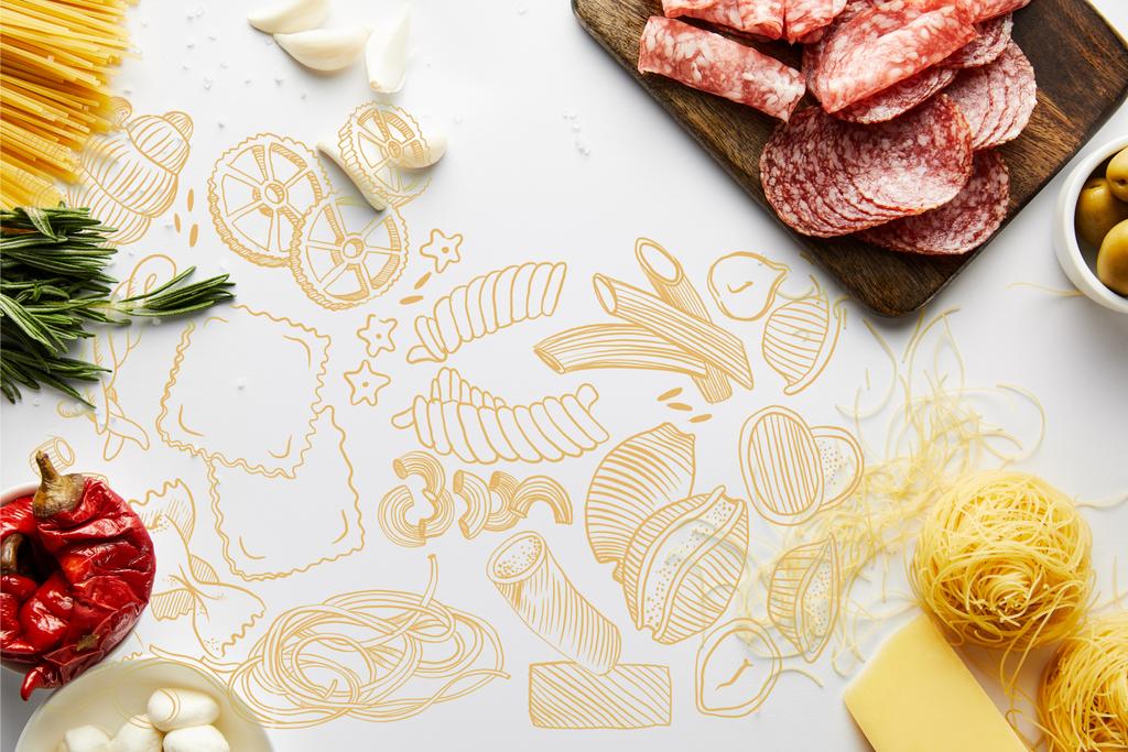 Vista superior de bandeja de carne, pasta e ingredientes sobre fondo blanco, ilustración de alimentos
 - Foto, Imagen