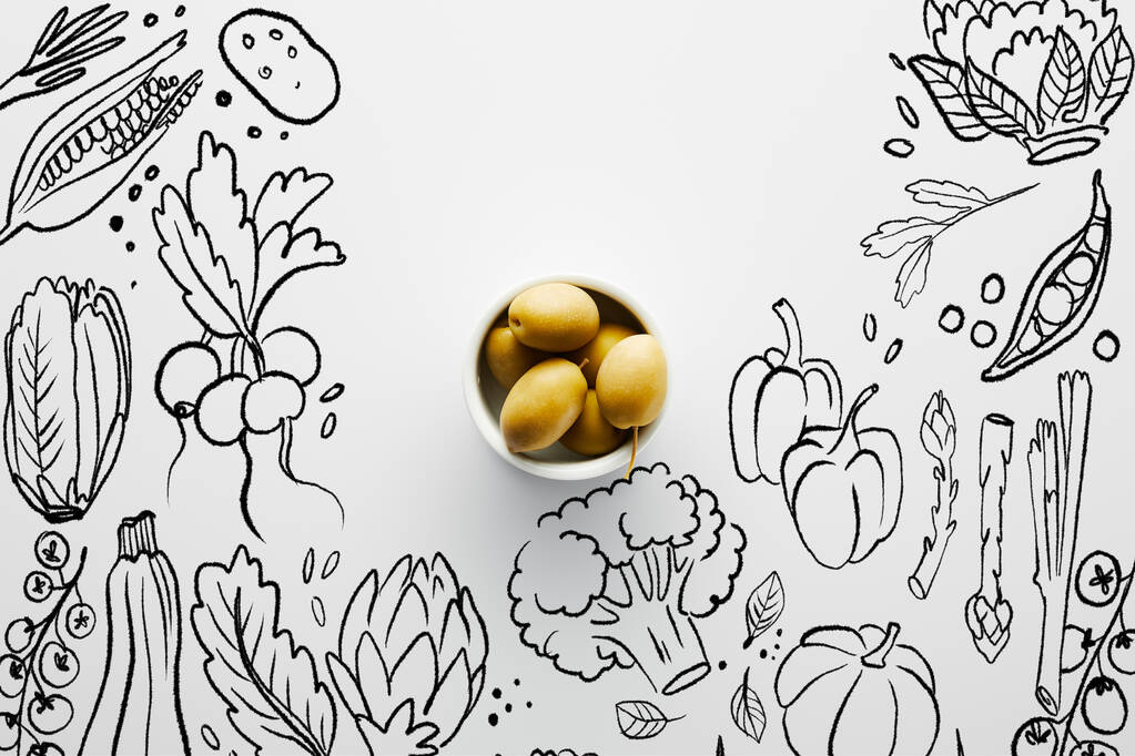 Vue du dessus du bol aux olives sur fond blanc, illustration de légumes
 - Photo, image