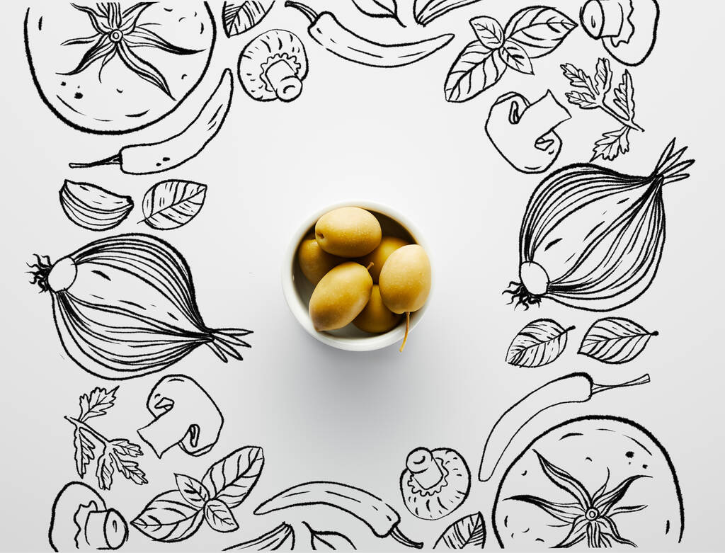 Draufsicht auf Schüssel mit Oliven auf weißem Hintergrund, Gemüse-Illustration - Foto, Bild