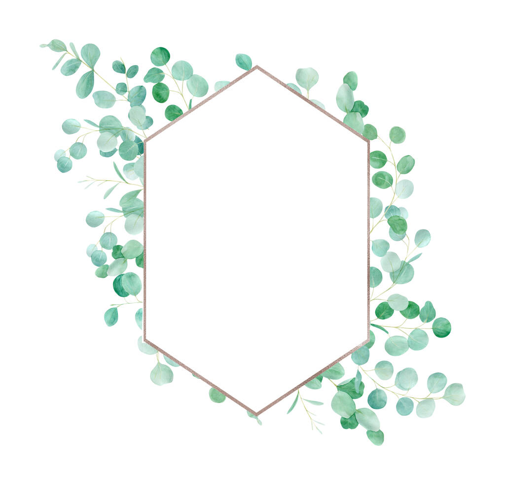 Акварельна зелена квіткова рамка з евкаліптом. Ручний пофарбований візерунок з гілками евкаліпта. Ідеально підходить для весільного дизайну
 - Фото, зображення