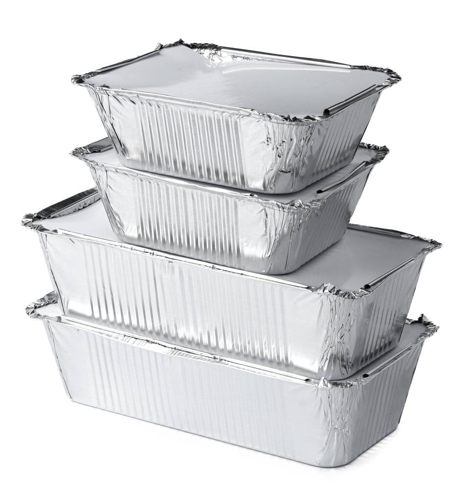 Verpakt folie voedsel dozen op witte achtergrond, kopieer ruimte - Foto, afbeelding