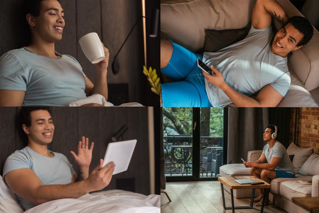 collage with happy mixed race man chilling with coffee and digital devices at home during self isolation  - Photo, Image
