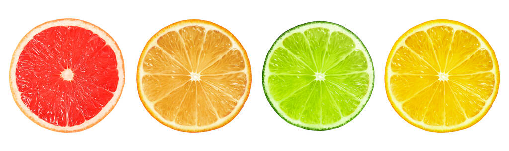 Sada různých citrusových plátků na bílém pozadí, horní pohled. Návrh nápisu - Fotografie, Obrázek