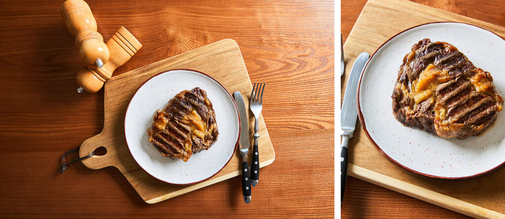 collage de steak frais grillé sur plaque à découper avec couverts et moulins à sel et poivre sur table en bois
 - Photo, image