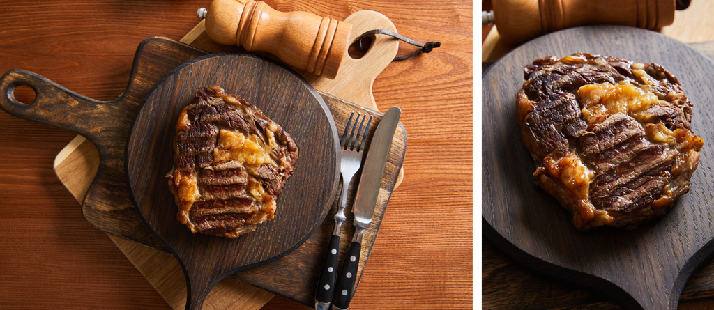 koláž chutného grilovaného steaku podávaná na dřevěných prknech s příbory, solí a pepřem - Fotografie, Obrázek