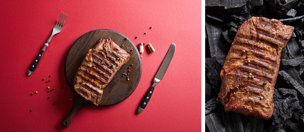 kollaasi maukasta grillattua pihviä tarjoillaan puulevyllä pippurilla ja ruokailuvälineillä punaisella pohjalla ja hiilillä
 - Valokuva, kuva