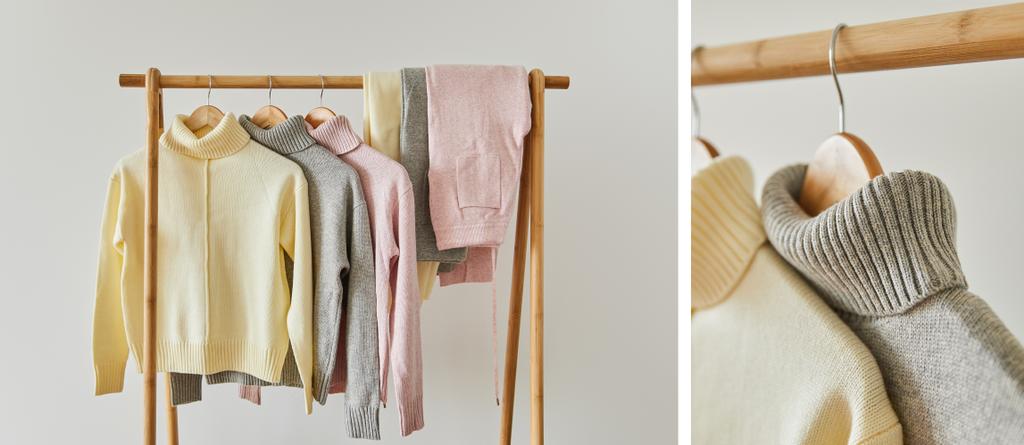 kolaż szarego, różowego i beżowego swetra z dzianin oraz spodni wiszących na drewnianym wieszaku izolowanym na białym - Zdjęcie, obraz