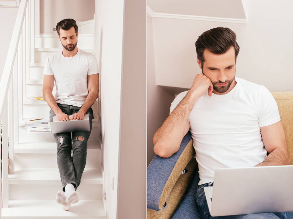 Collage of teleworker using laptop and on stairs and couch at home  - Photo, Image