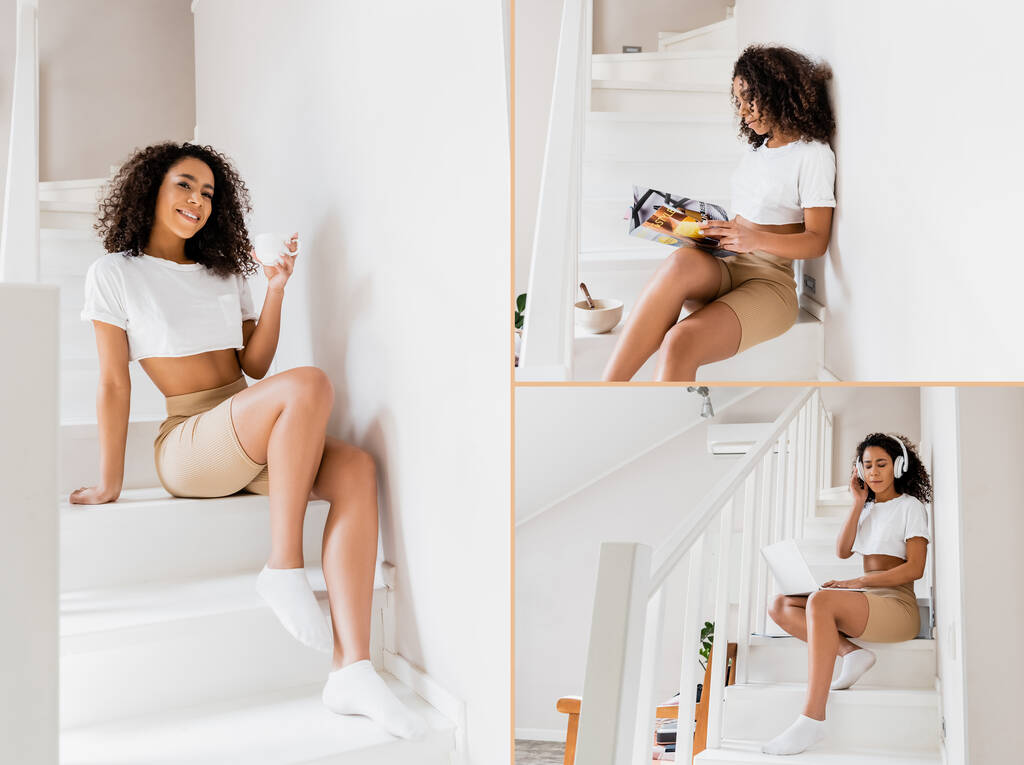 Collage einer fröhlichen afrikanisch-amerikanischen Frau, die mit einer Tasse Kaffee auf einer Treppe sitzt, Magazin liest und Laptop benutzt  - Foto, Bild