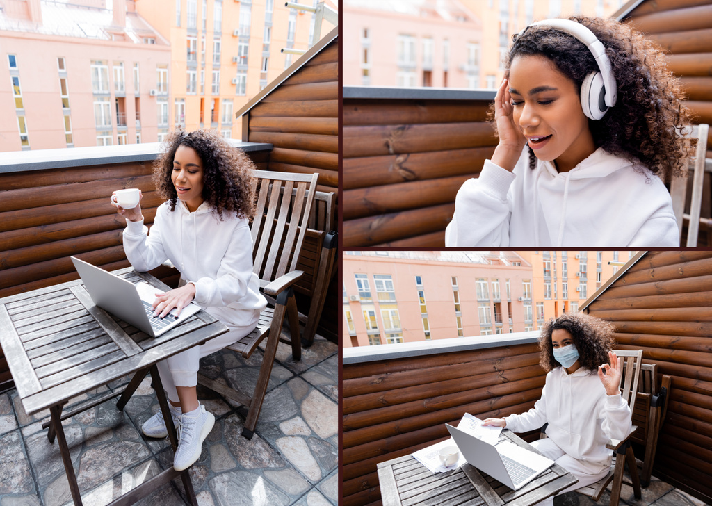 collage of african american freelancer in wireless headphones and medical mask using laptops and holding cups  - Photo, Image