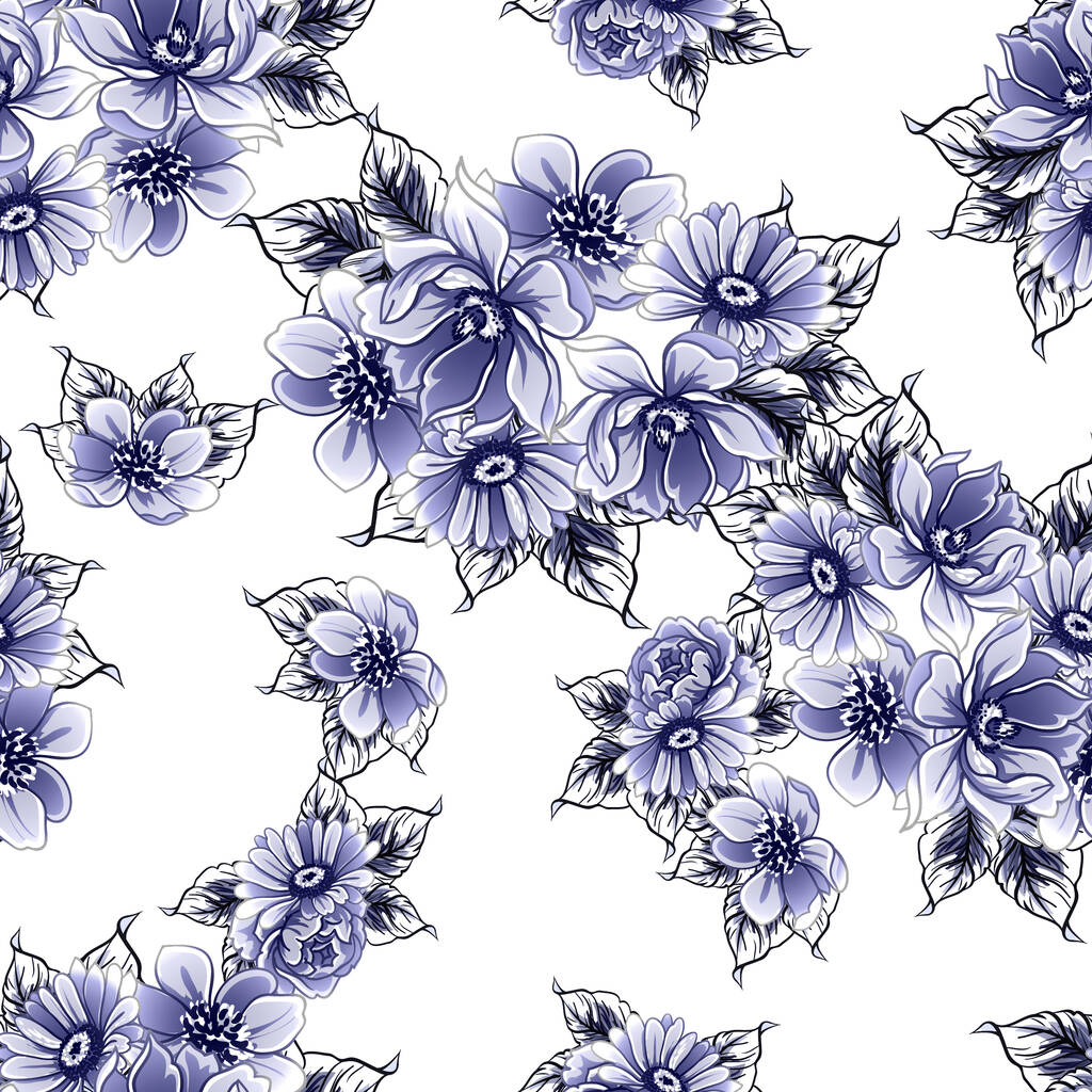 シームレスブルーモノクロヴィンテージスタイルの花パターン - ベクター画像