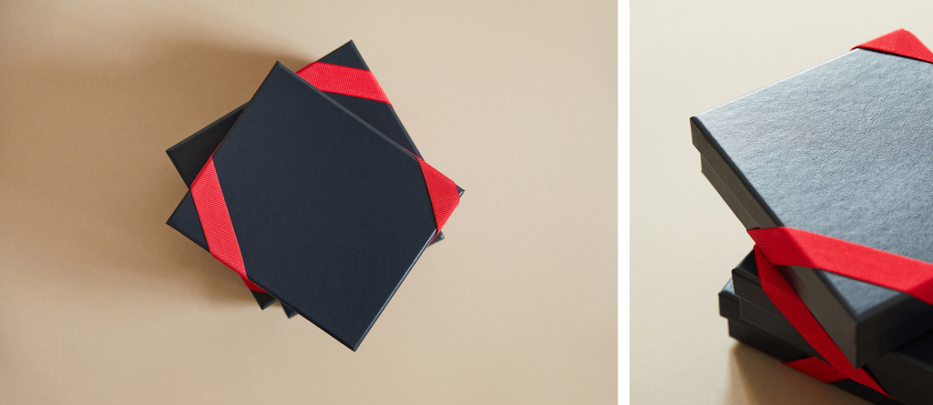 коллаж из черных подарочных коробок с красными лентами на бежевом фоне
  - Фото, изображение