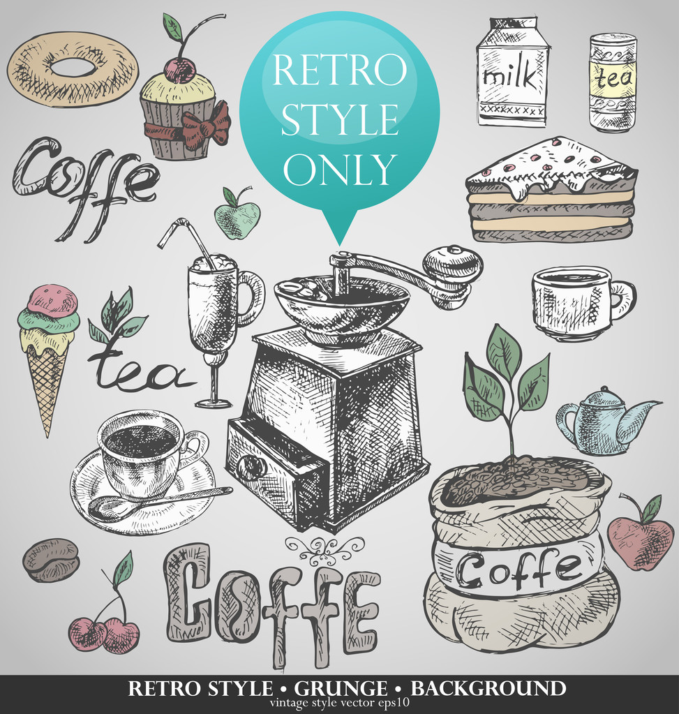 Set of sweets, tea, coffee, retro style - Vector, Image