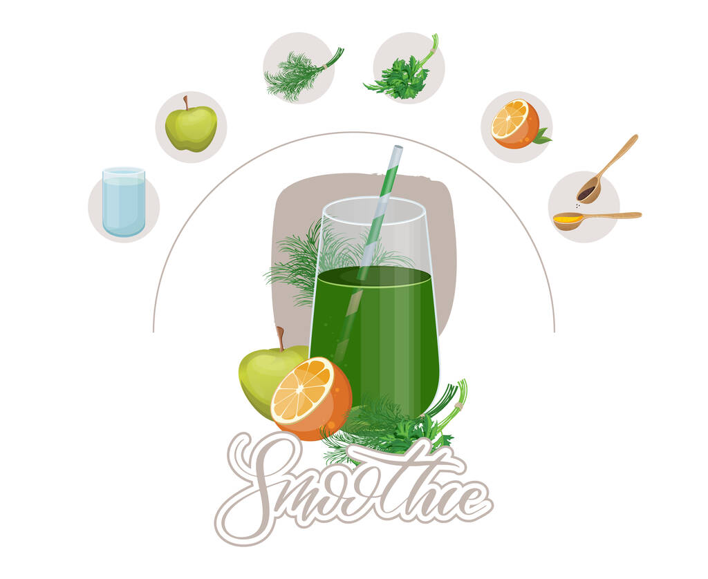 Green fruits and vegetables mix in glass jar. Detox cocktail for healthy dieting. - Vector, Image