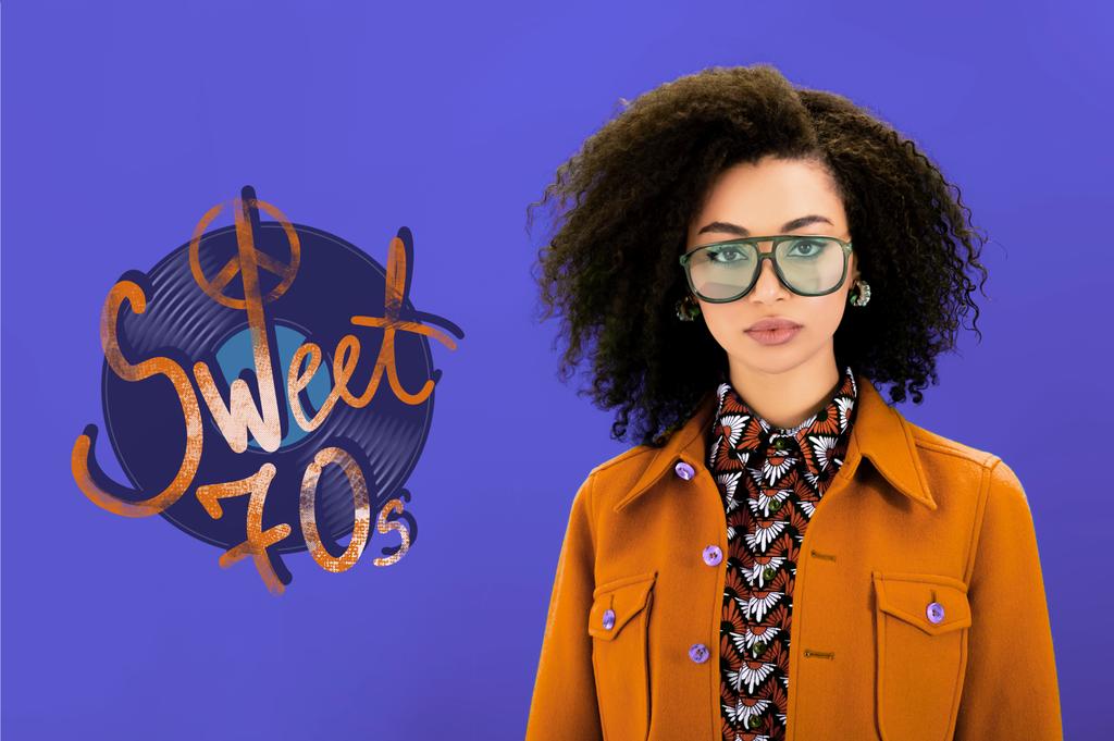 stylish african american woman in brown jacket looking at camera isolated on purple with sweet 70s illustration - Photo, Image