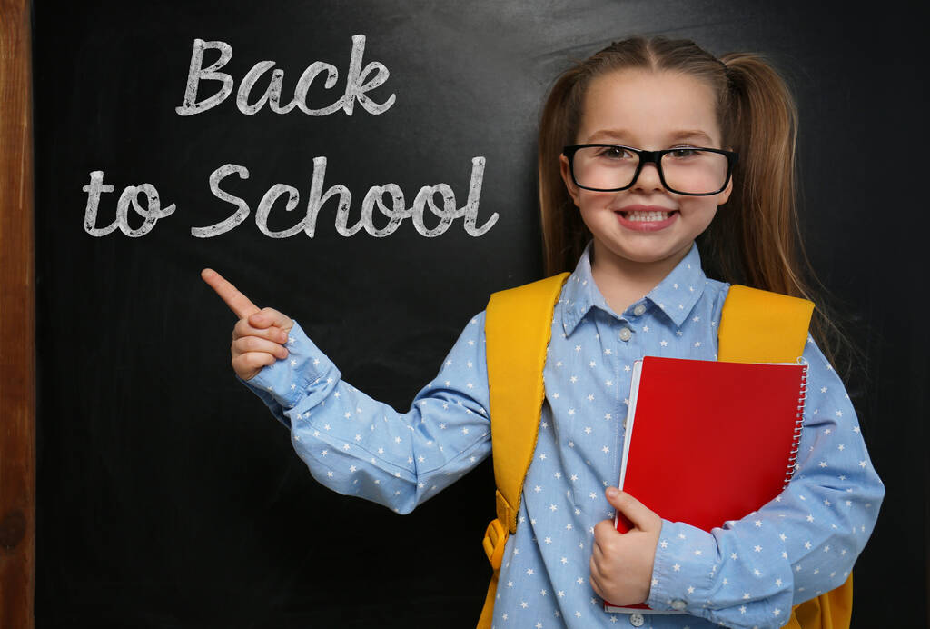 Criança bonito vestindo óculos perto de quadro-negro com frase de volta à escola
 - Foto, Imagem