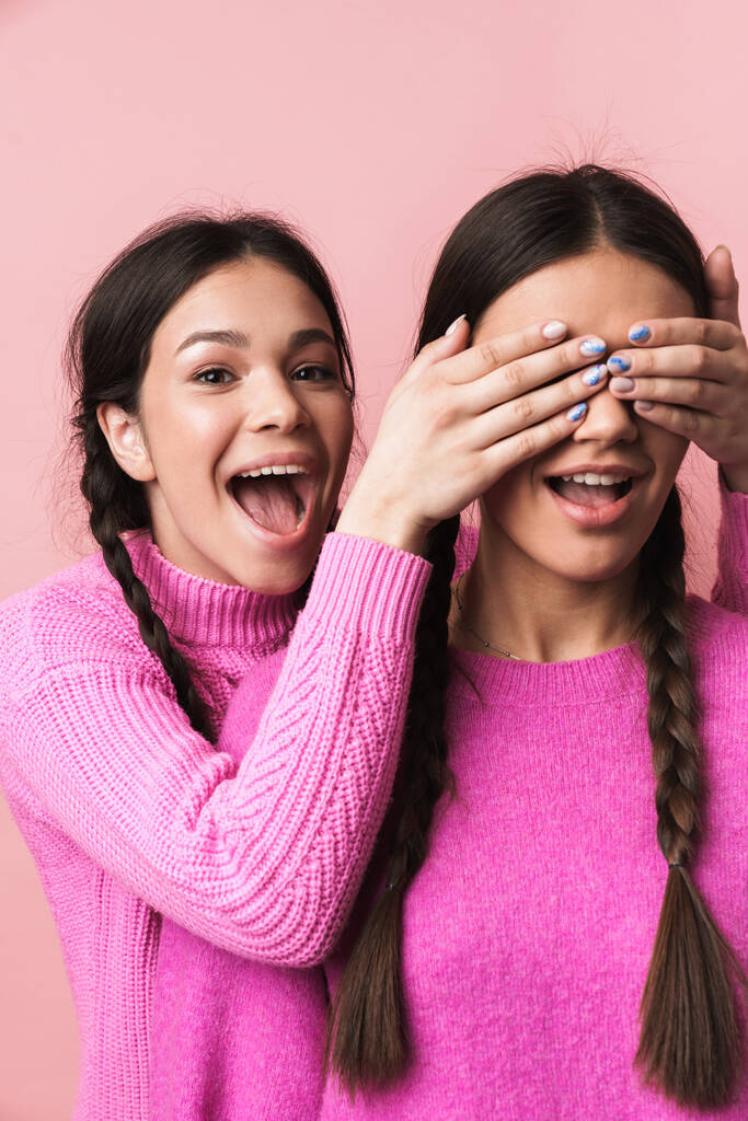 Kaksi iloinen söpö teini tytöt hauskaa eristetty yli vaaleanpunainen tausta, joka peittää silmät yllätys
 - Valokuva, kuva