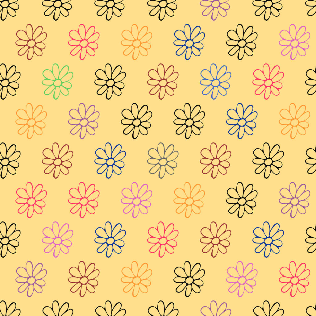 Nahtloses Muster niedlicher Blüten auf gelbem Hintergrund. Vektorillustration. - Vektor, Bild