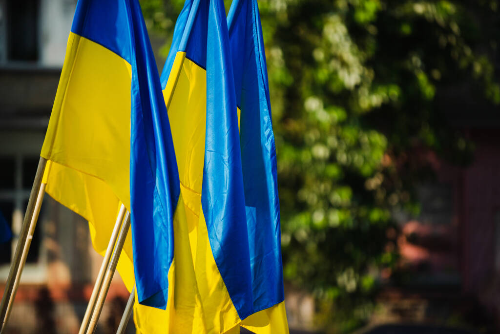 Ukrainan liput hämärtynyt vihreä tausta kadulla
 - Valokuva, kuva