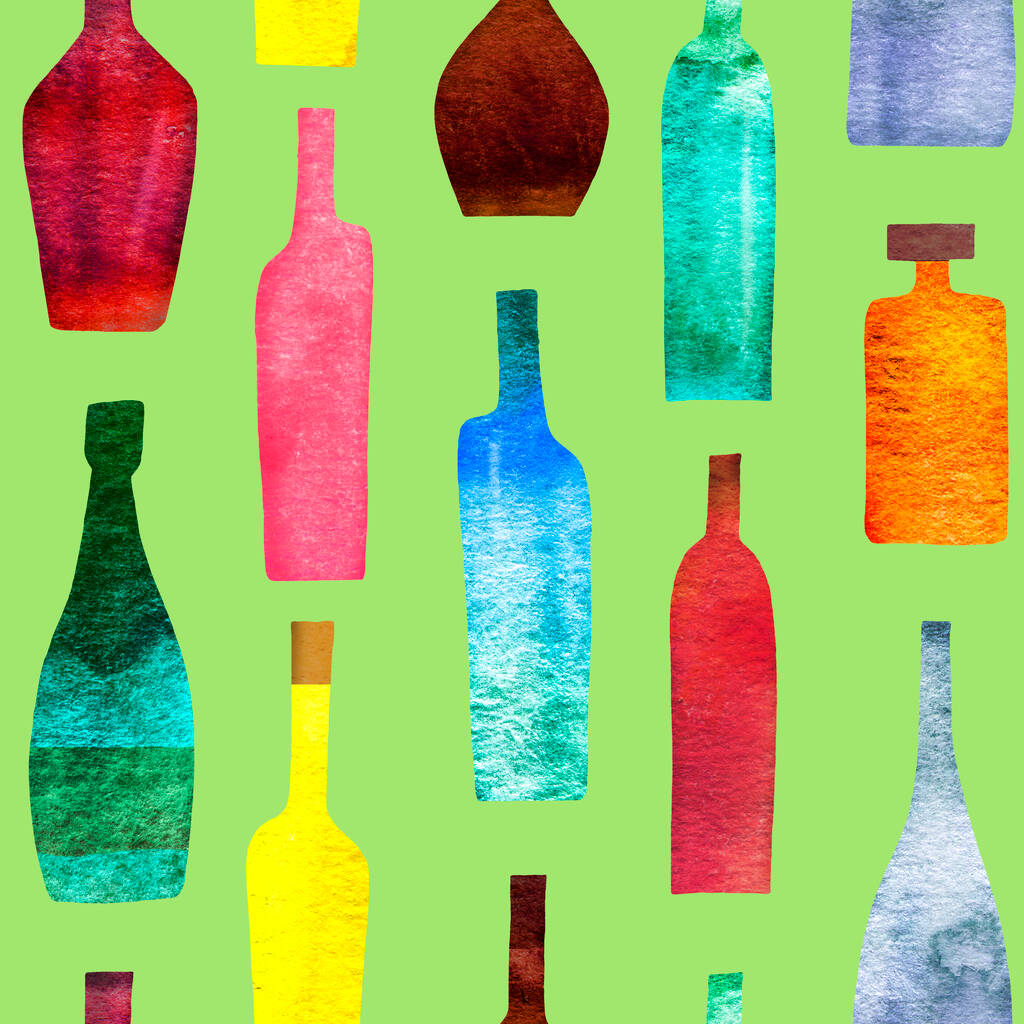 Bezešvé vzory se stylizovanými siluetami barevných lahví alkoholu. Akvarel.  - Fotografie, Obrázek