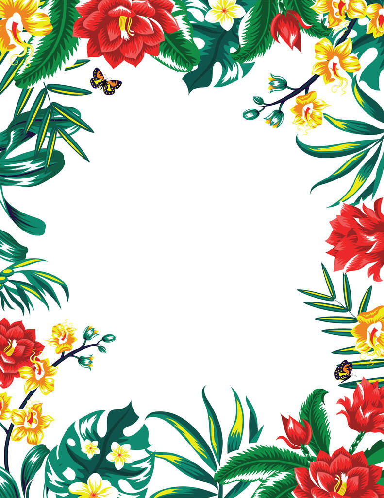 Marco tropical de verano con hojas de palma y flores. Aislado sobre blanco
. - Vector, Imagen