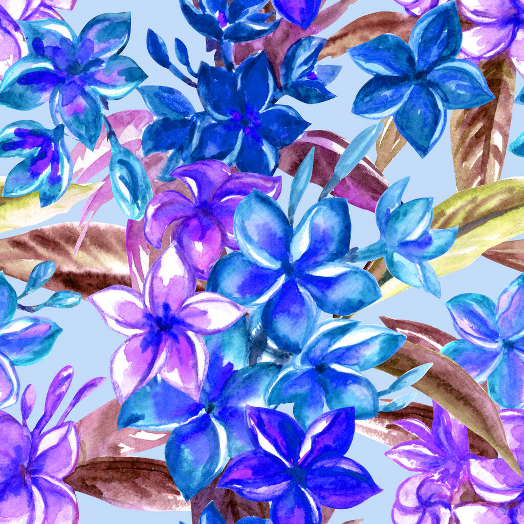 青と紫の色のプラメリア(frangipani)シームレスなパターン、水彩画のイラスト。生地やその他のデザインのための明るいカラフルな花熱帯プリント. - 写真・画像