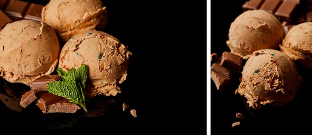 collage de delicioso helado de chocolate fresco con hojas de menta aisladas en negro
 - Foto, imagen
