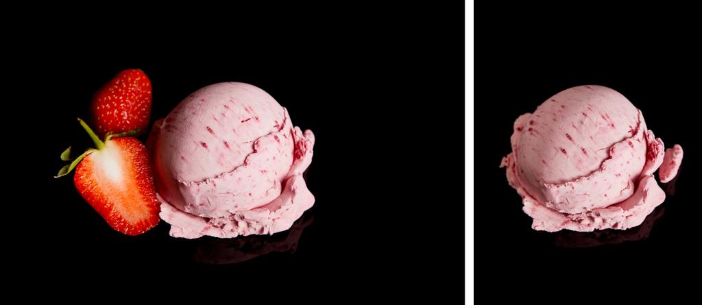 おいしいピンクストロベリーアイスと黒の上に孤立したフレッシュベリーのコラージュ - 写真・画像
