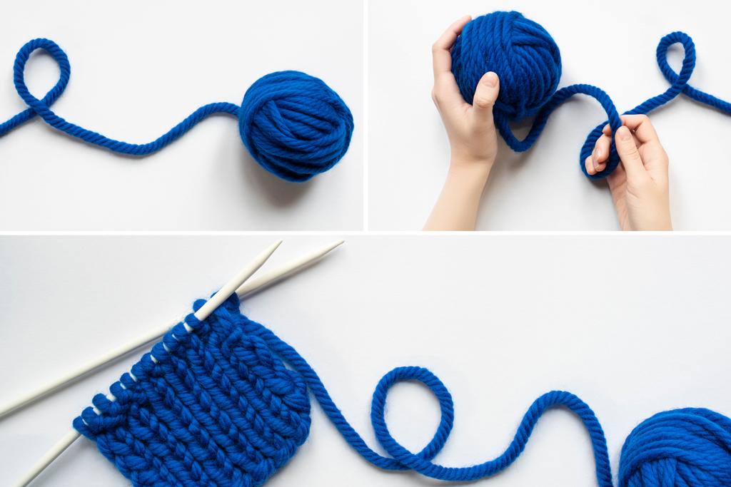 colagem de mãos femininas, fios de lã azul e agulhas de tricô no fundo branco
 - Foto, Imagem
