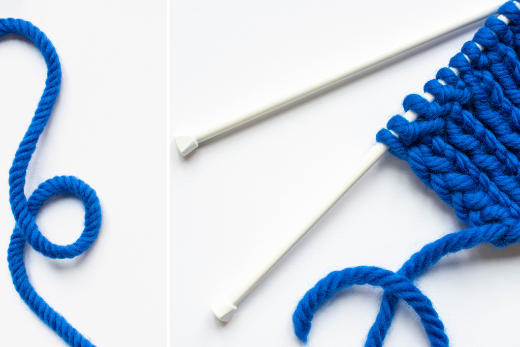 colagem de fios de lã azul e agulhas de tricô no fundo branco
 - Foto, Imagem