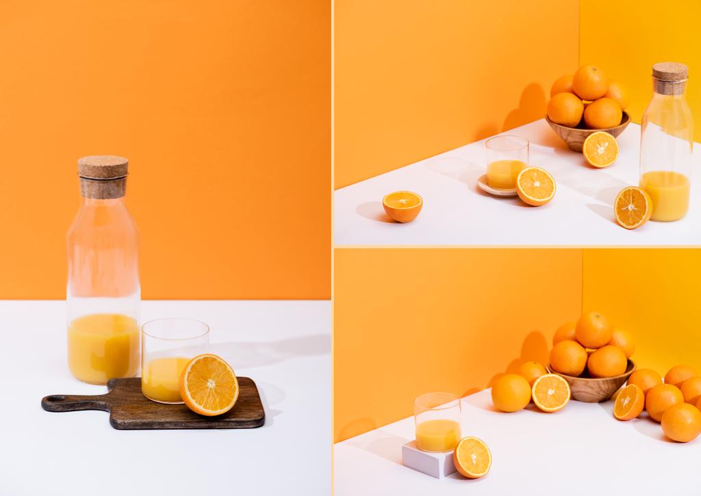 collage of fresh orange juice in glass and bottle near oranges, bowl, wooden cutting board on white surface on orange background - Photo, Image
