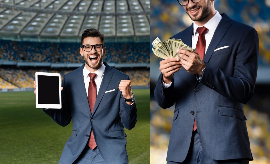 kolaż wesoły młody biznesmen w garniturze i okulary trzymając cyfrowy tablet z pustym ekranem i pokazując tak gest, trzymając dolary na stadionie - Zdjęcie, obraz