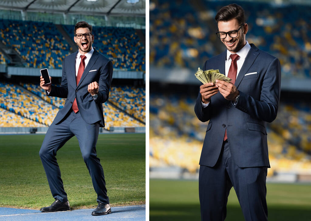 kolaż podekscytowany młody biznesmen w garniturze i okulary trzymając smartfon z pustym ekranem i pokazując tak gest, biznesmen z pieniędzmi na stadionie - Zdjęcie, obraz