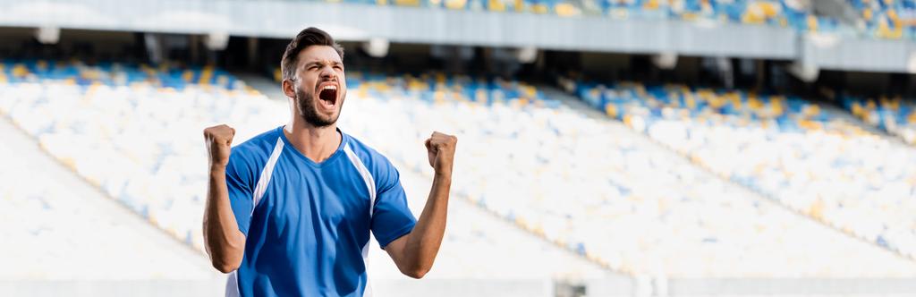 スタジアムでのイエスジェスチャーを示す青と白の制服で感情的なプロサッカー選手,パノラマショット - 写真・画像