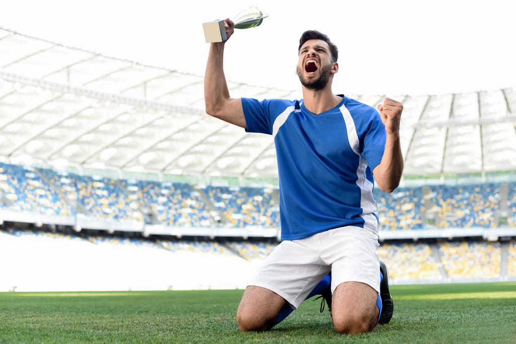 professional soccer player in blue and white uniform with sports cup standing on knees on football pitch and shouting at stadium - Photo, Image