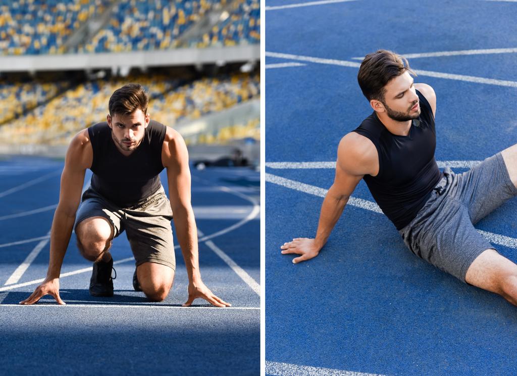 Collage eines gut aussehenden Läufers in Startposition und auf Laufstrecke im Stadion - Foto, Bild