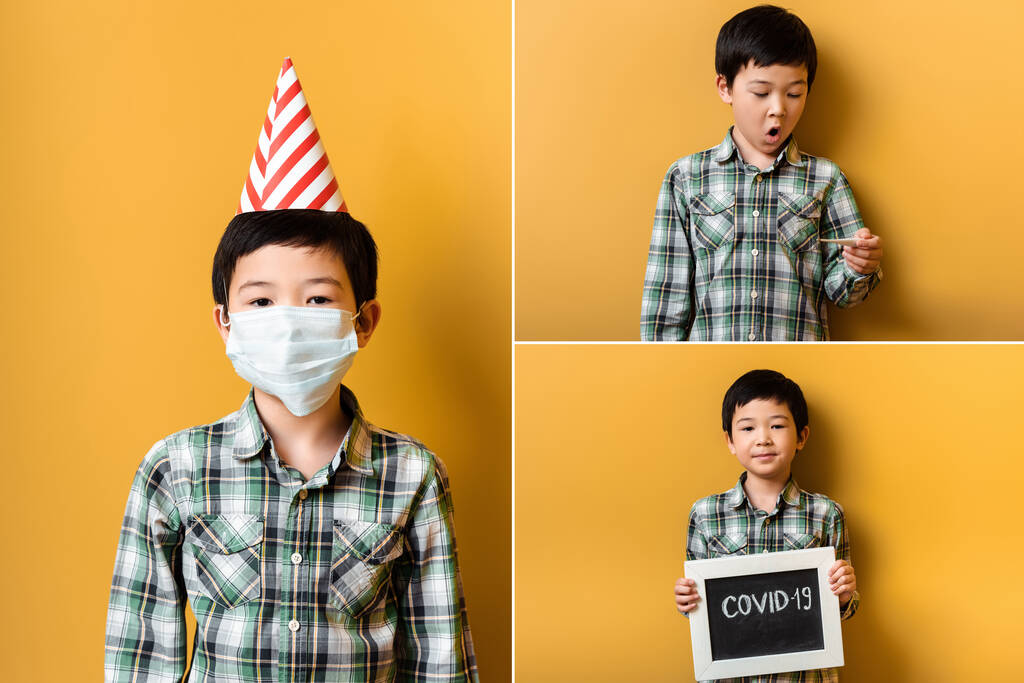 colagem com o menino asiático no cone do partido e máscara médica, segurando sinal e olhando para o amarelo termômetro durante a epidemia de covid-19 - Foto, Imagem