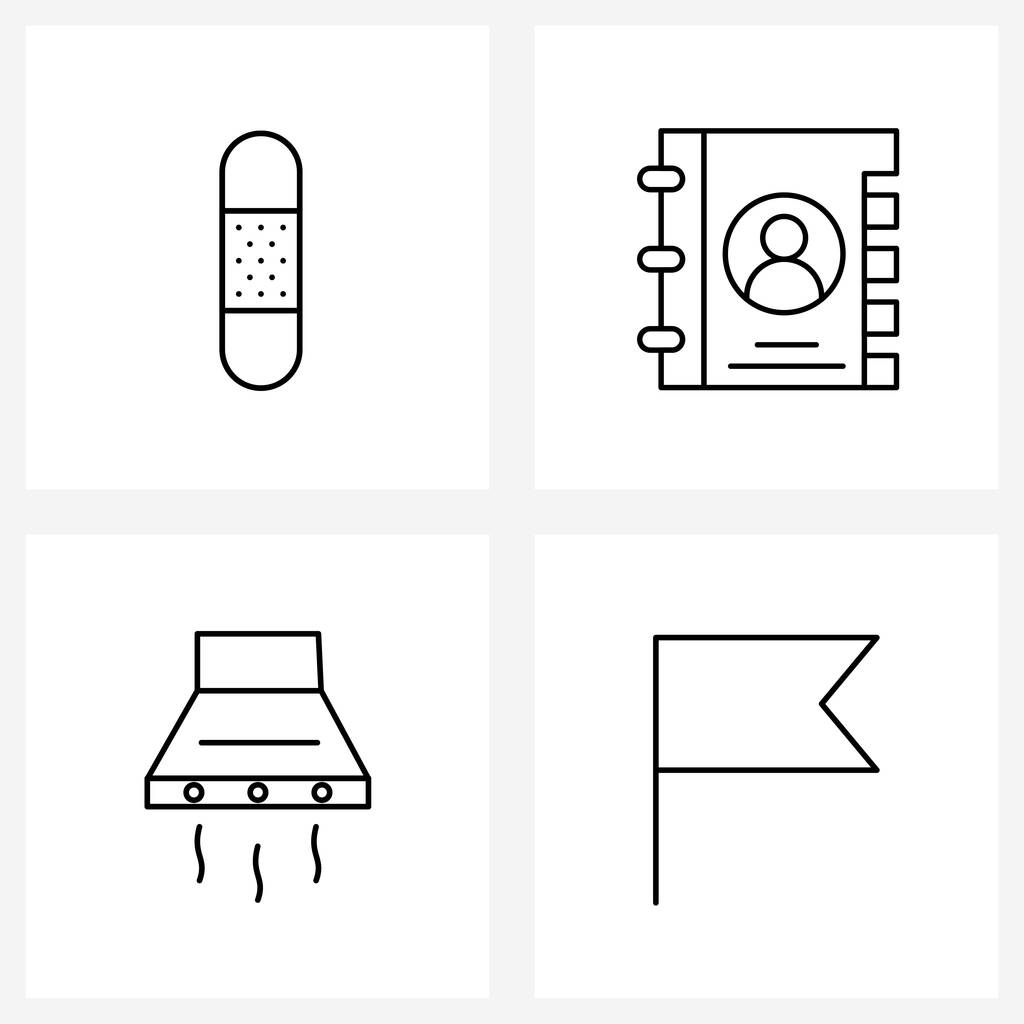 Icône de ligne Ensemble de 4 symboles modernes de pansement ; cuisine ; blessure ; dossier ; drapeau Illustration vectorielle
 - Vecteur, image