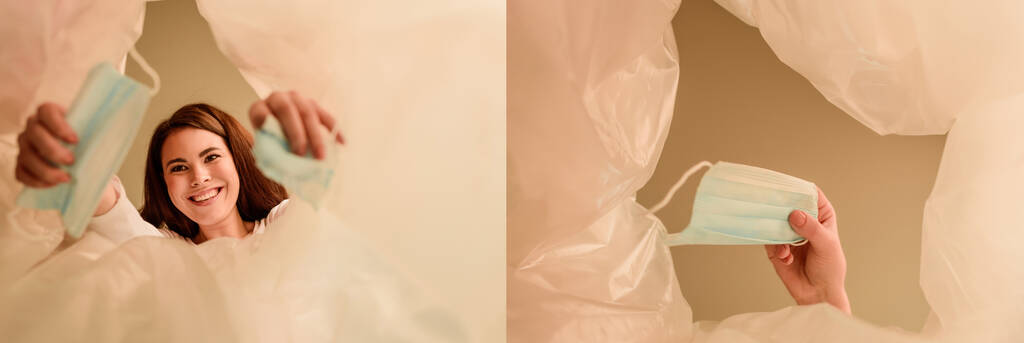 Коллаж счастливой девушки, бросающей медицинские маски в мусорные баки, конец карантинной концепции
  - Фото, изображение